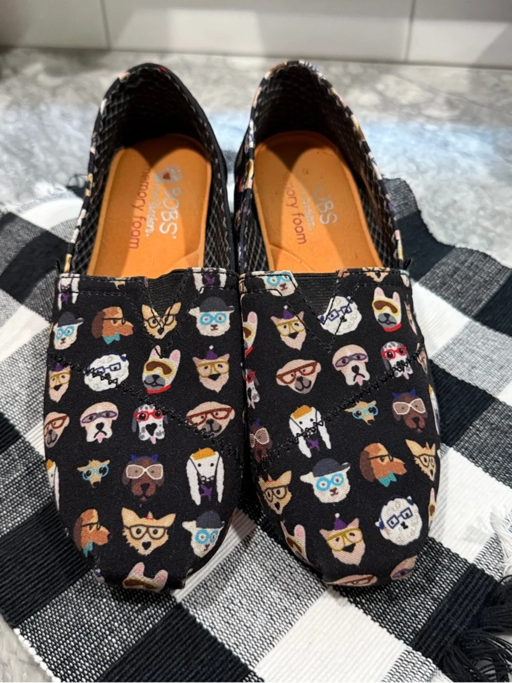 Skechers Black Slip-On Flats with Cute Doggy faces and Orange Insole. - Picture 1 of 6